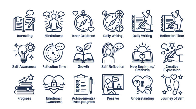 Personal Growth and Self-Improvement Icons: Mindfulness, Journaling, Goal Setting