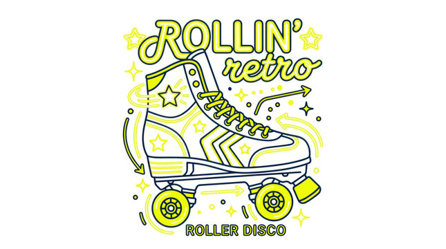 Retro Roller Skate with "Rollin' Retro" and "Roller Disco" Text - Vintage Style