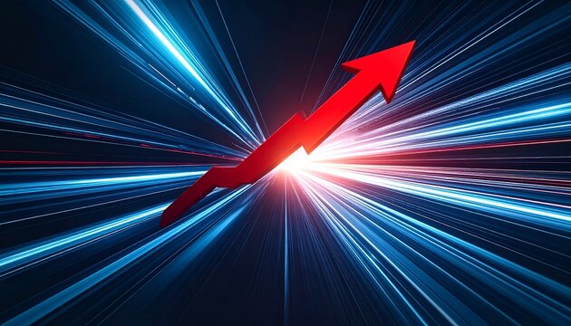 Red upward arrow with dynamic light trails, symbolizing business growth, financial success, rising performance, market trends, and positive momentum.