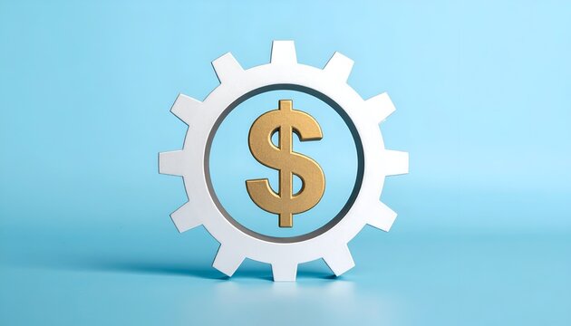 Dollar symbol inside a gear icon on a clean background, representing financial management, business operations, investment, productivity, and economic efficiency.