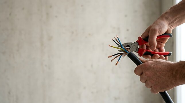Electrician hands stripping heavy electrical power cable with pliers