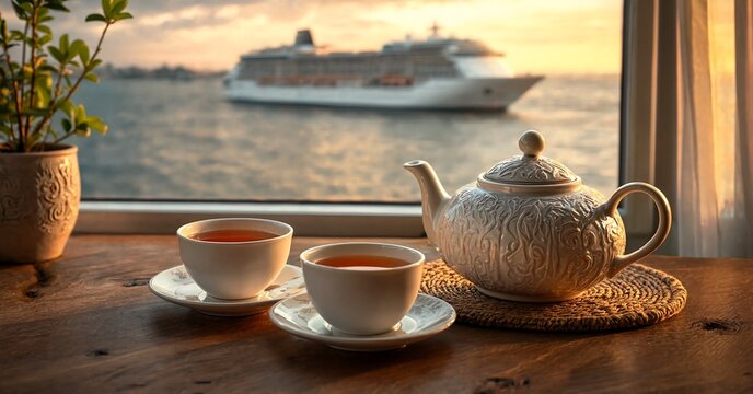 Tea cups and teapot on table with cruise ship in background  serene travel scene