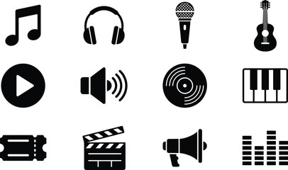 Music icons, audio symbols, sound effects, 12 black vector graphics © Rifat