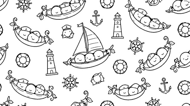 Whimsical nautical and pea pod pattern illustration.