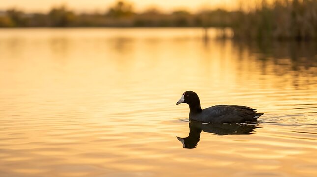 American coot swimming on calm golden lake water at sunset