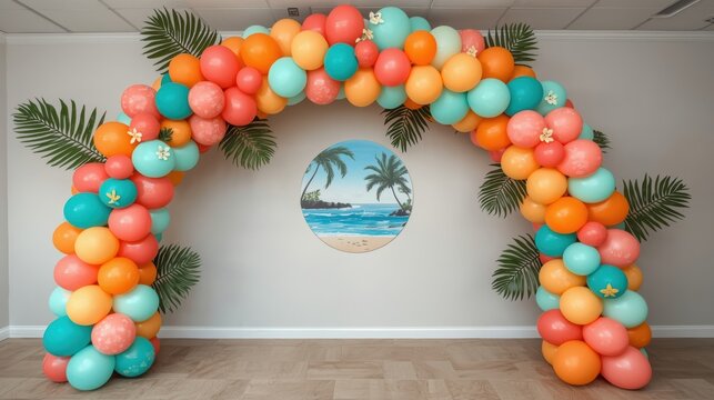 Colorful balloon arch with tropical palm leaves for a summer party celebration