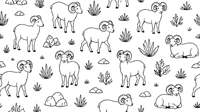 Detailed illustration of multiple rams with curved horns.