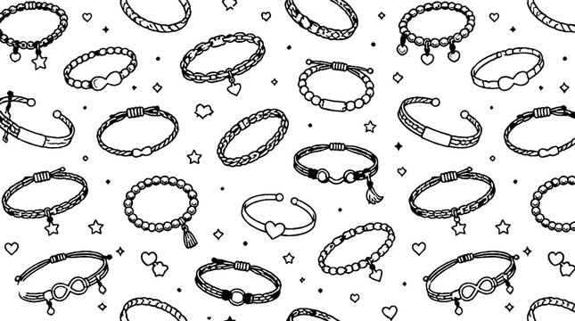 Assorted black and white bracelet and charm illustrations.