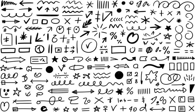 Hand drawn arrow scribble line art elements. Ink brush stroke symbol abstract set. Black paint marker check sign collection. Minimalist presentation graphic design decoration.