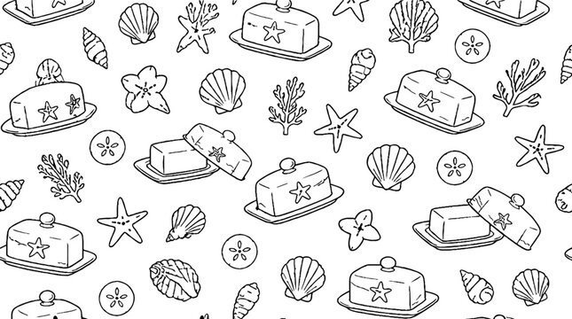 Seamless pattern of butter and seashells outline icons.