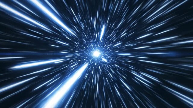 Hyperspace jump with blue and white light streaks radiating from a central glow, representing cosmic travel, speed of light, and digital information flow in a dark void.