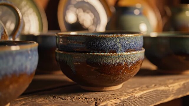 Close-up of handmade ceramic bowls with blue and brown reactive glaze stacked on a rustic wooden shelf in a pottery studio, featuring speckled details and earthy tones.
