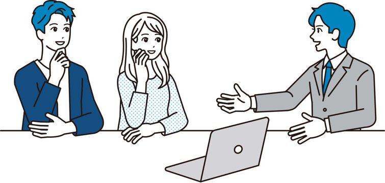 シンプル　イラスト　相談をする若い夫婦と説明するビジネスパーソン