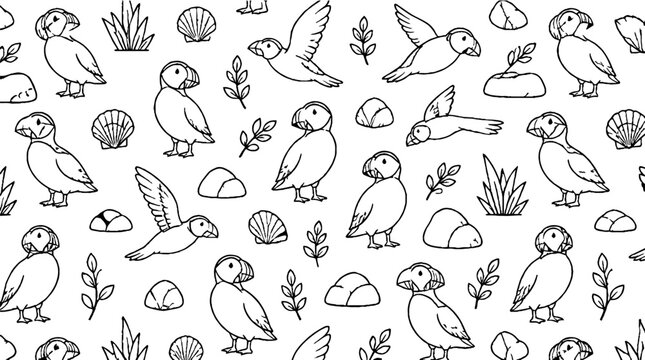 Playful puffin birds and seashells pattern illustration.