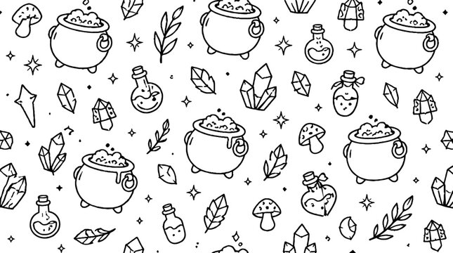 Whimsical cauldron and potion bottle illustrations.