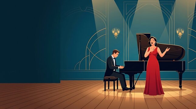 Opera singer in red dress performing with pianist on stage