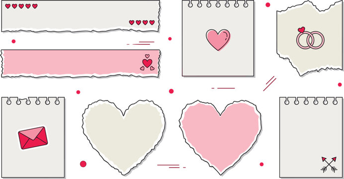 Romantic Torn Paper Vector Illustration Featuring Heart Notes, Rings, Arrows, Envelope, Love Symbols, and Decorative Elements