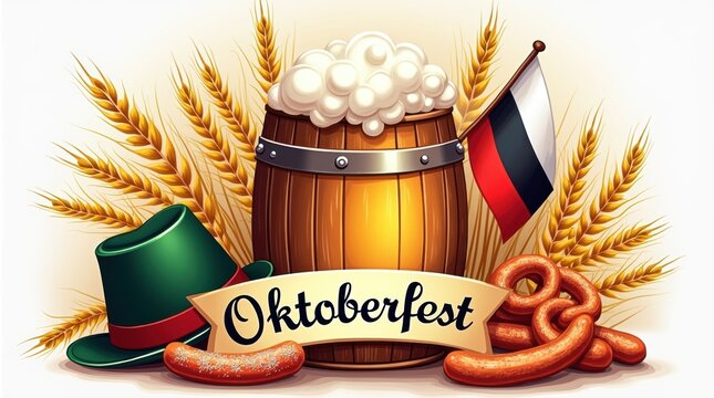 Wooden beer barrel with wheat ears and pretzel for oktoberfest celebration festival