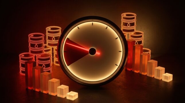 Alarming Countdown Timer with Data Bars: A high-tech, red-hued countdown timer with a glowing indicator and background bars representing data or stock prices.