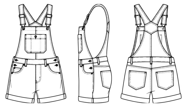 Denim Overall Short Pants Technical Fashion Illustration CAD Flat Sketch Vector
