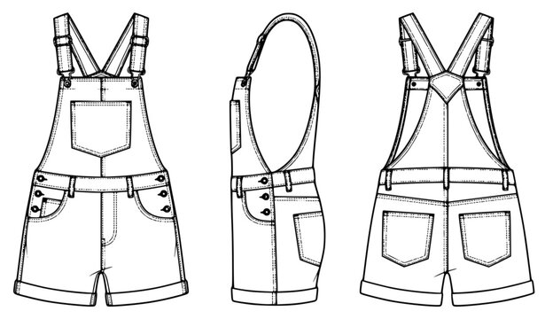 Denim Overall Shorts Technical Flat Sketch Vector with Front Side and Back Views