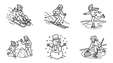 Obraz premium Winter Activities Collection: Sledding, Skiing, Ice Skating, Snowball Fight, Snowman, Curling