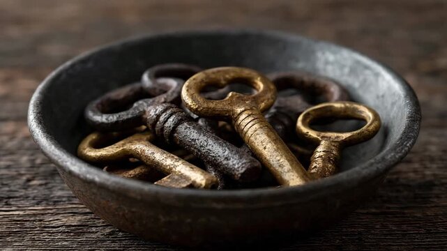 Vintage iron and brass keys in a metal bowl