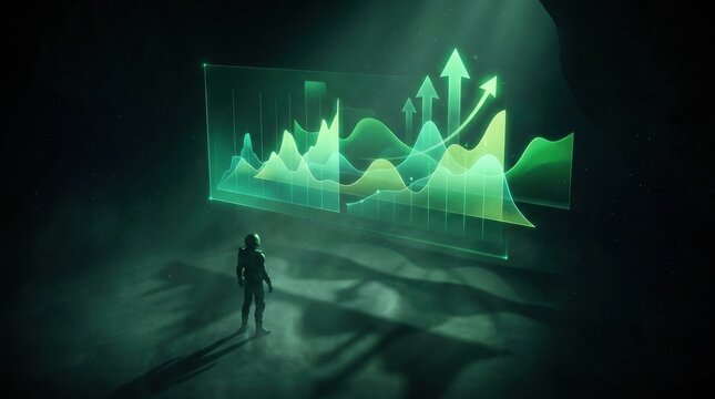 Future Growth Strategy: A lone figure stands in the dark, illuminated by the ethereal glow of a holographic financial chart depicting exponential growth.