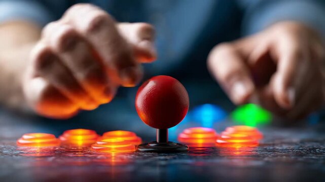 Hands on a retro arcade joystick and buttons