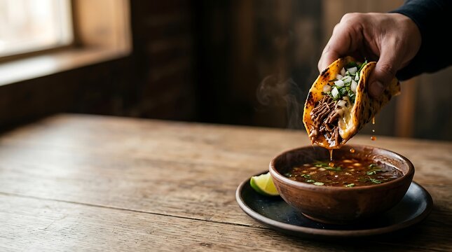Hand dipping a steaming beef birria taco into savory consomme broth