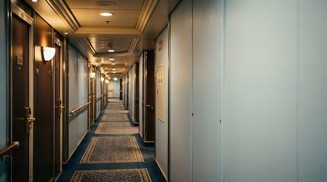 Long corridor inside a luxury cruise ship with cabin doors