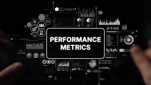 Detailed Visualization of Performance Metrics with Hands on Keyboard and Graphical Data Elements in Dark Background. Asymptotic smart data analytic.