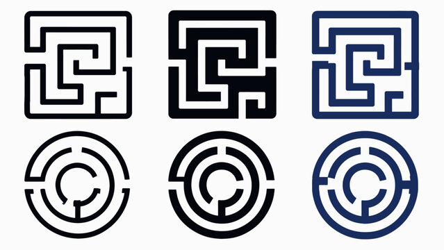 Abstract geometric maze designs in black and blue with circular and rectangular patterns