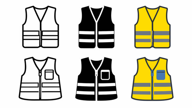 Assorted safety vests: black white yellow high-visibility designs