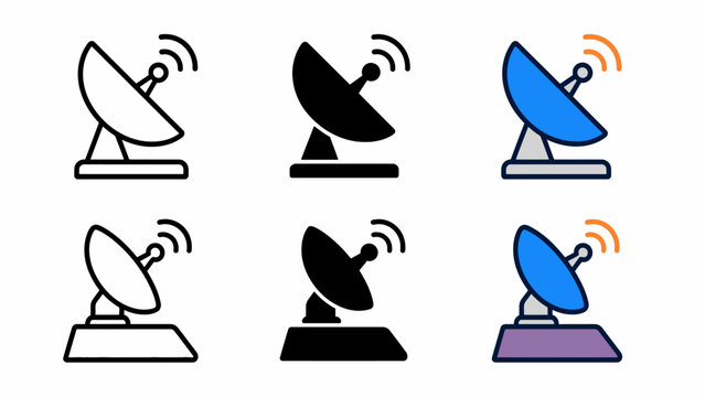 Set of satellite dish icons in various styles and colors