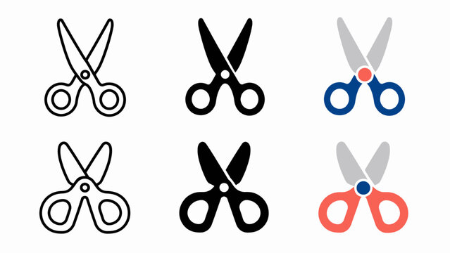Set of six scissor icons in black and red designs on white background
