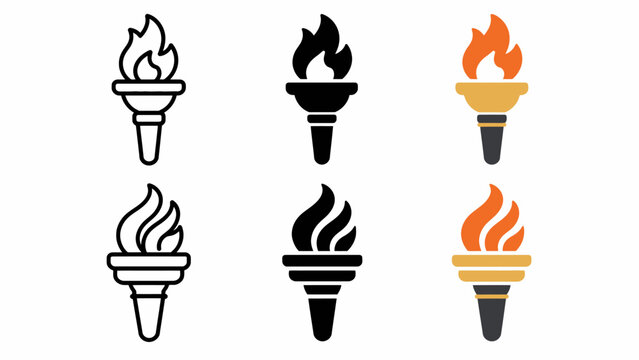 Torch icon set: black, white, and orange flame designs