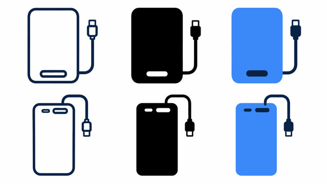 Portable power bank icons with usb cables in various colors and styles