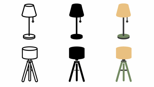 Variety of minimalist and colorful floor lamps on tripod and circular bases