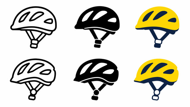 Set of bicycle helmets in white, black, and yellow designs