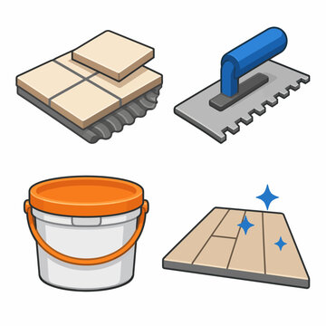 Tile installation tools and materials: trowel, adhesive, bucket, finished floor