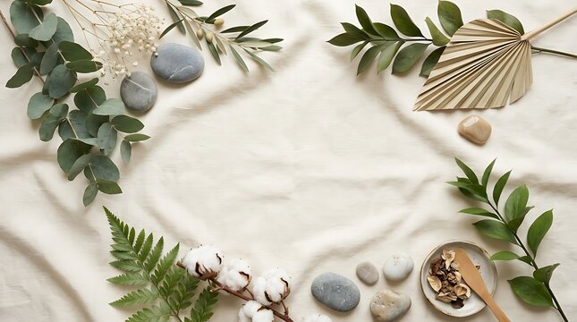 Blank paper card with green tropical leaves and spa stones for a natural organic presentation mock up