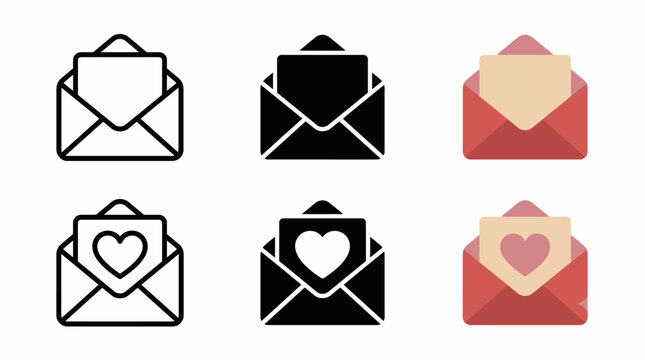 Envelope icon set with heart design in various styles and colors