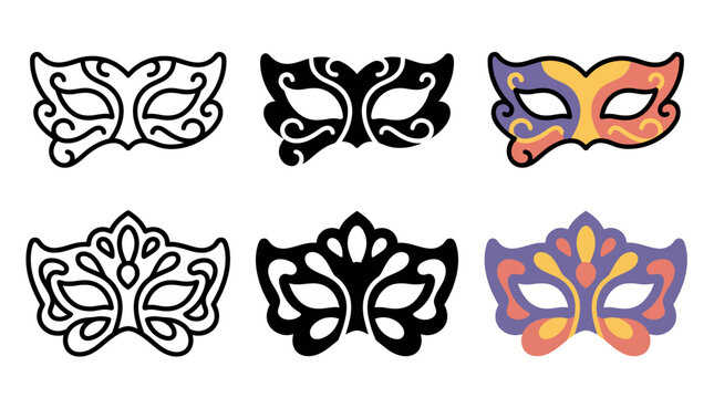 Decorative venetian masks: black and colorful designs with ornate patterns