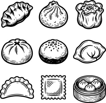 Assortment of diverse dim sum and dumplings in a clean linework style for culinary concepts