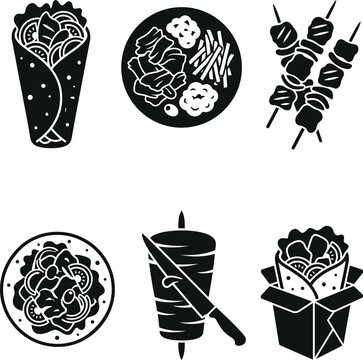 Black silhouette food icons depicting shawarma wraps skewers and d&ouml;ner kebab with knife on white background