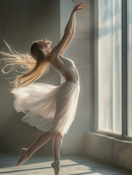 A graceful ballerina in a flowing skirt dances on pointe, lit by soft natural light from a large window, embodying elegance and movement.