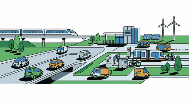A futuristic transportation hub with electric vehicles and a monorail Green space surrounds the scene