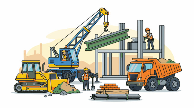 Construction site with workers and machines.