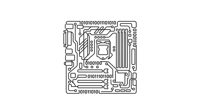 Computer motherboard circuit board with binary code data illustration.
